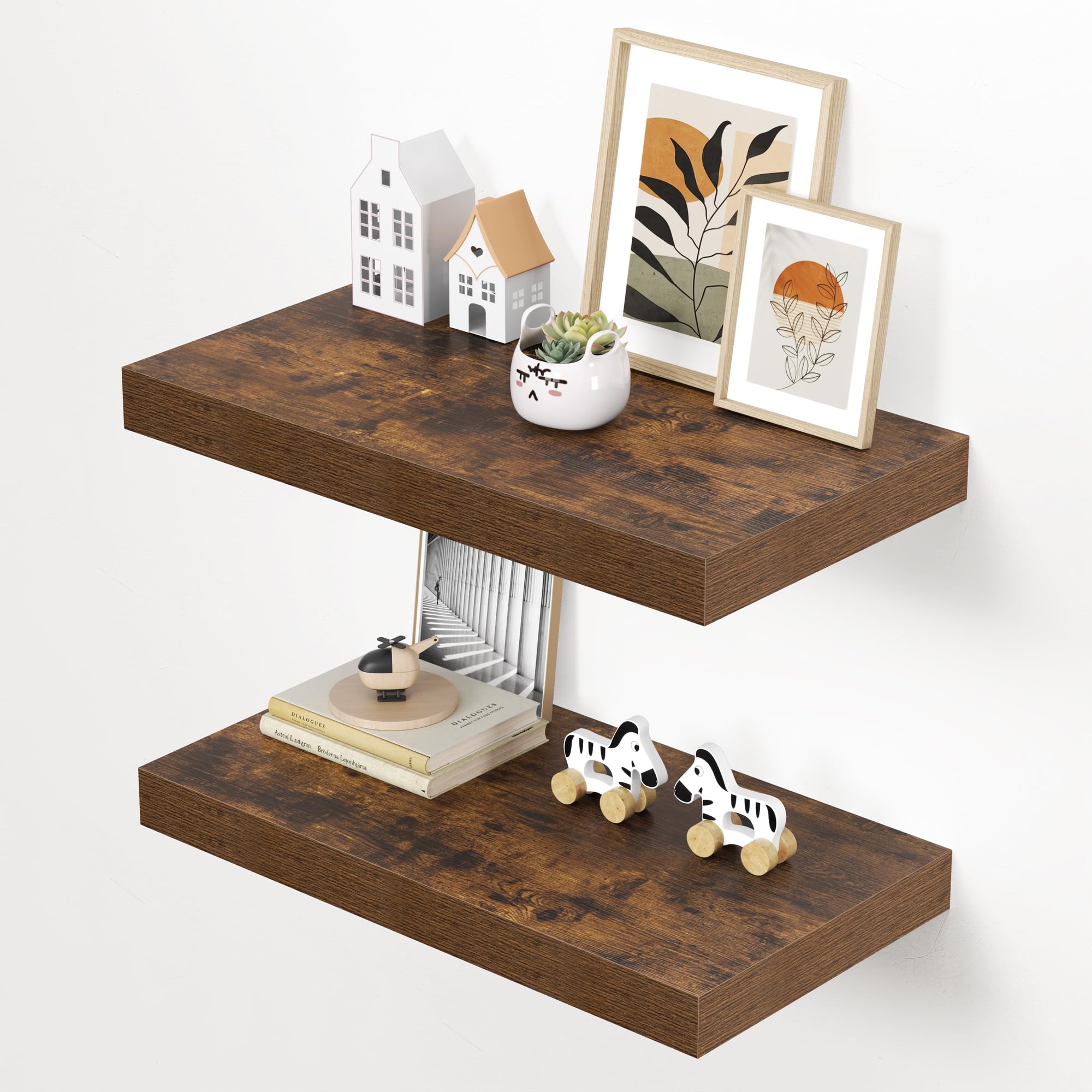 Dreamland 24" Floating Shelves for Wall, 12" Deep Thicker Floating Shelves, Wall-Mounted Shelves for Bedroom, Living Room, Kitchen, Bathroom,Rustic Brown - Set of 2