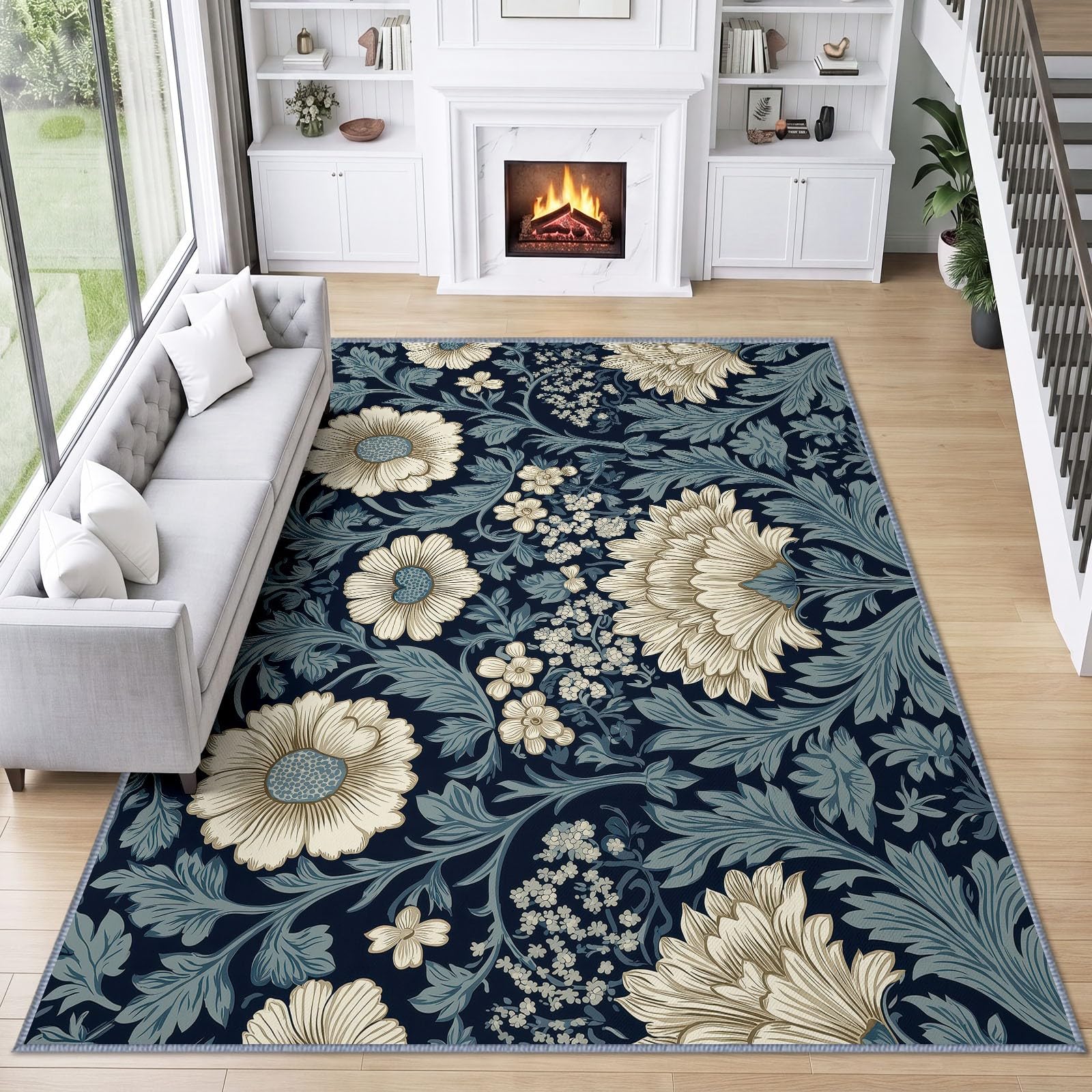 Générique Marguerite Feuille Tapis Salon 200x300 cm, Lavable en Machine | Interieur Poil Ra Antidérapant Tapis, Rustique Imprimé Bohème pour Chambre Manger Bureau Cuisine
