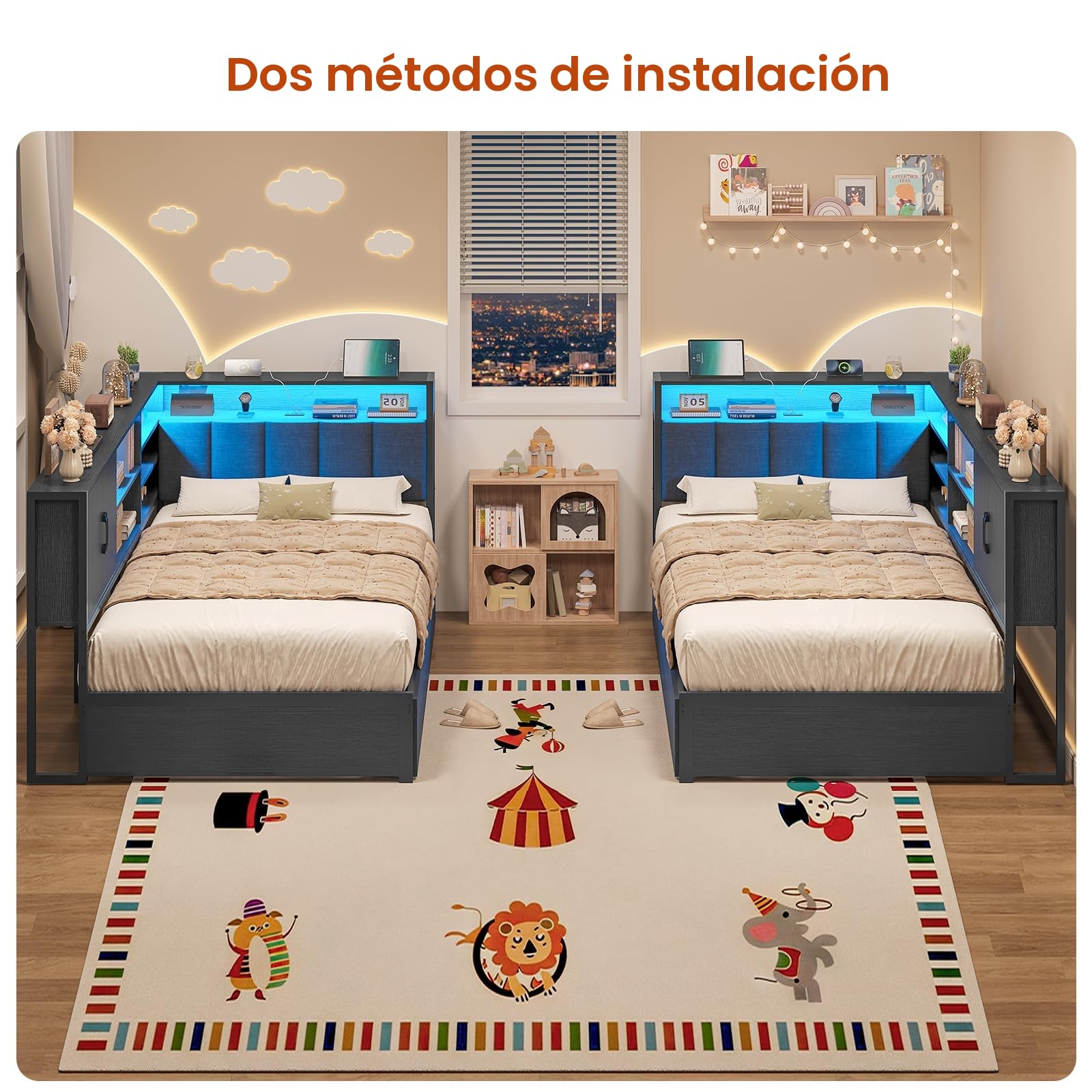 KIMENICH Cama tapizada sofá Cama 90 x 200 cm con iluminación LED, estación de Carga, Camas Juvenil con 2 cajones y somier de láminas de Metal, cabecero con Almacenamiento, estantes Abiertos, Negro