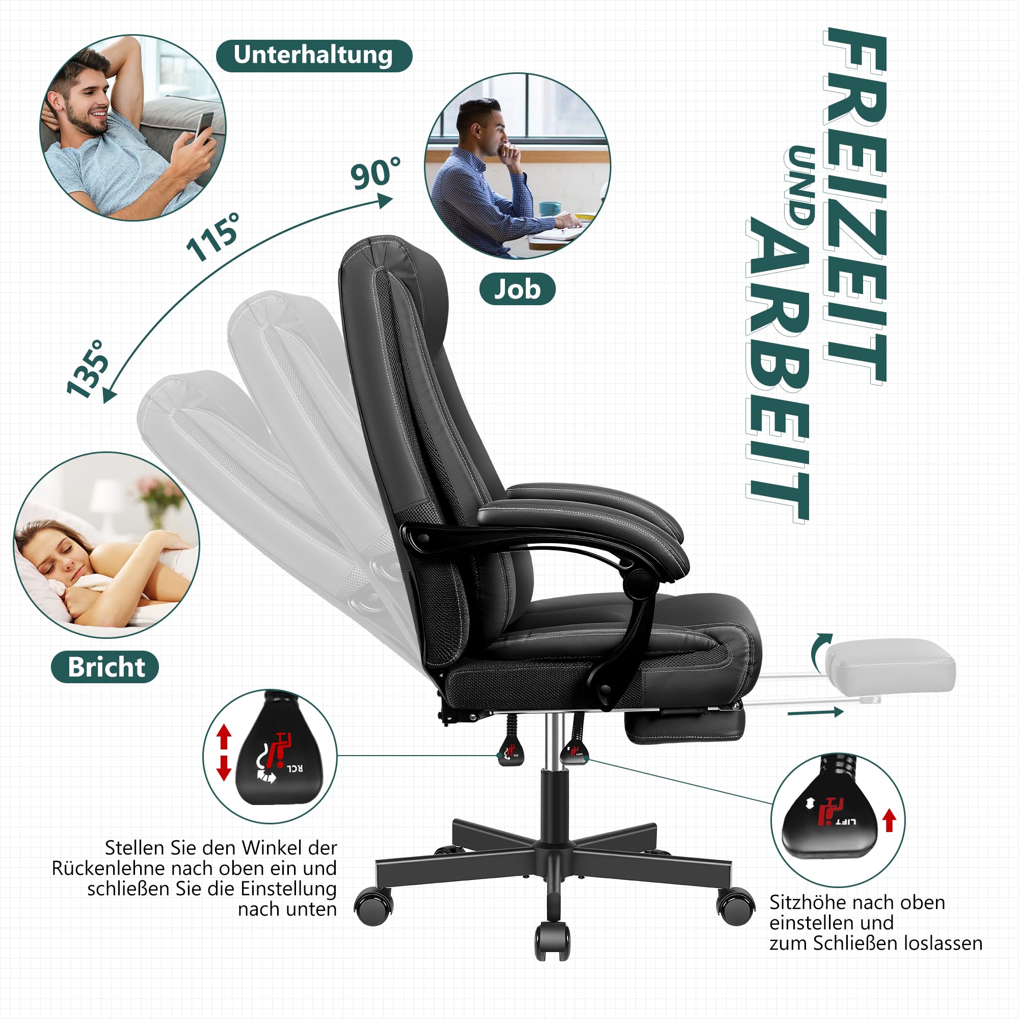 Chefsessel Breiter Bürostuhl ergonomischer Schreibtischstuhl hohe Rückenlehne 150KG mit Fußstütze Office Chair aus PU-Leder, Schwarz