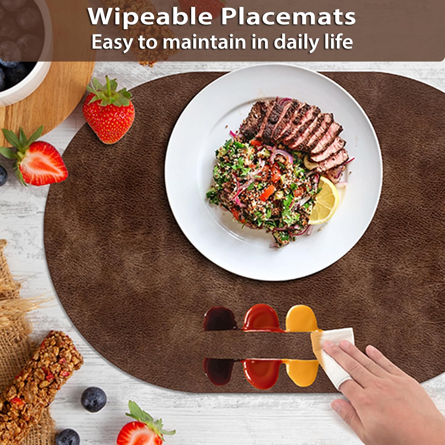 ADRIMER Placemats, Heat Resistant Oval Placemats Set of 6 Washable 12 x 17 Inch, Waterproof Table Mats, Wipeable Pu Place Mats for Kitchen, Dining Room, Brown