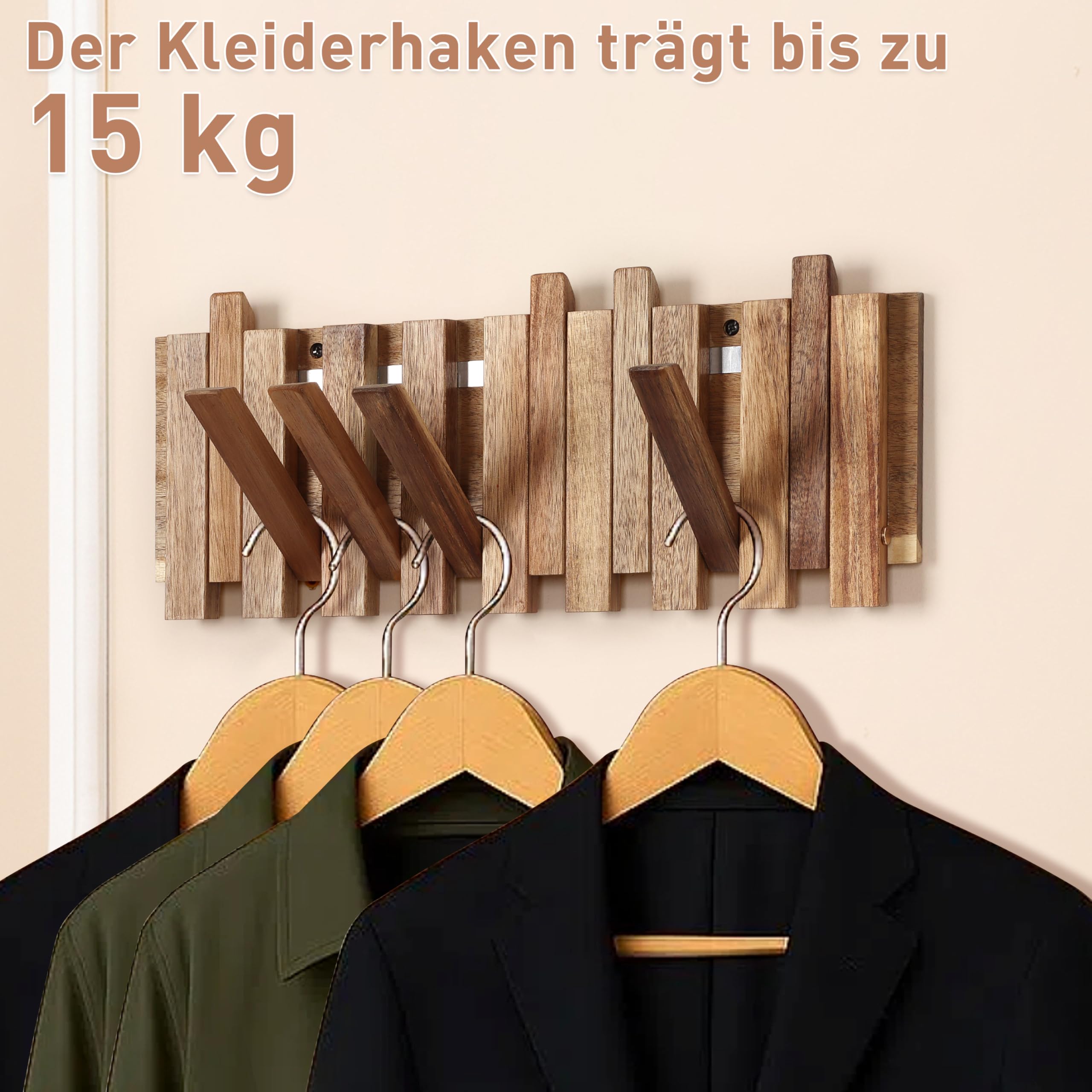 Garderobenleiste Holz im rustikalen Stil mit 8 Haken: Versetzter Stil magnetisch Herunterklappbare Wandhaken für Flur – 42,5 cm – platzsparende Wandgarderobe für Jacken, Mäntel, Taschen