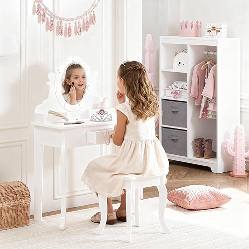Miniatura 8 de Spirich Vanidad para niños, juego de tocador para niñas con espejo, taburete y luces, juego de mesa y silla de tocador para niños, mesa de tocador