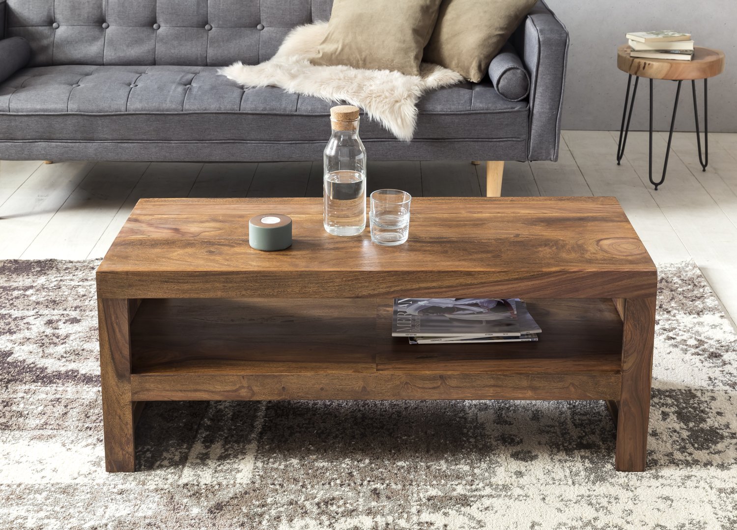 FineBuy Couchtisch 110x45x45 cm Sheesham Massivholz mit Ablagefach | rechteckiger Wohnzimmertisch im orientalischen Stil, Sofatisch aus Echtholz, handgefertigtes Unikat