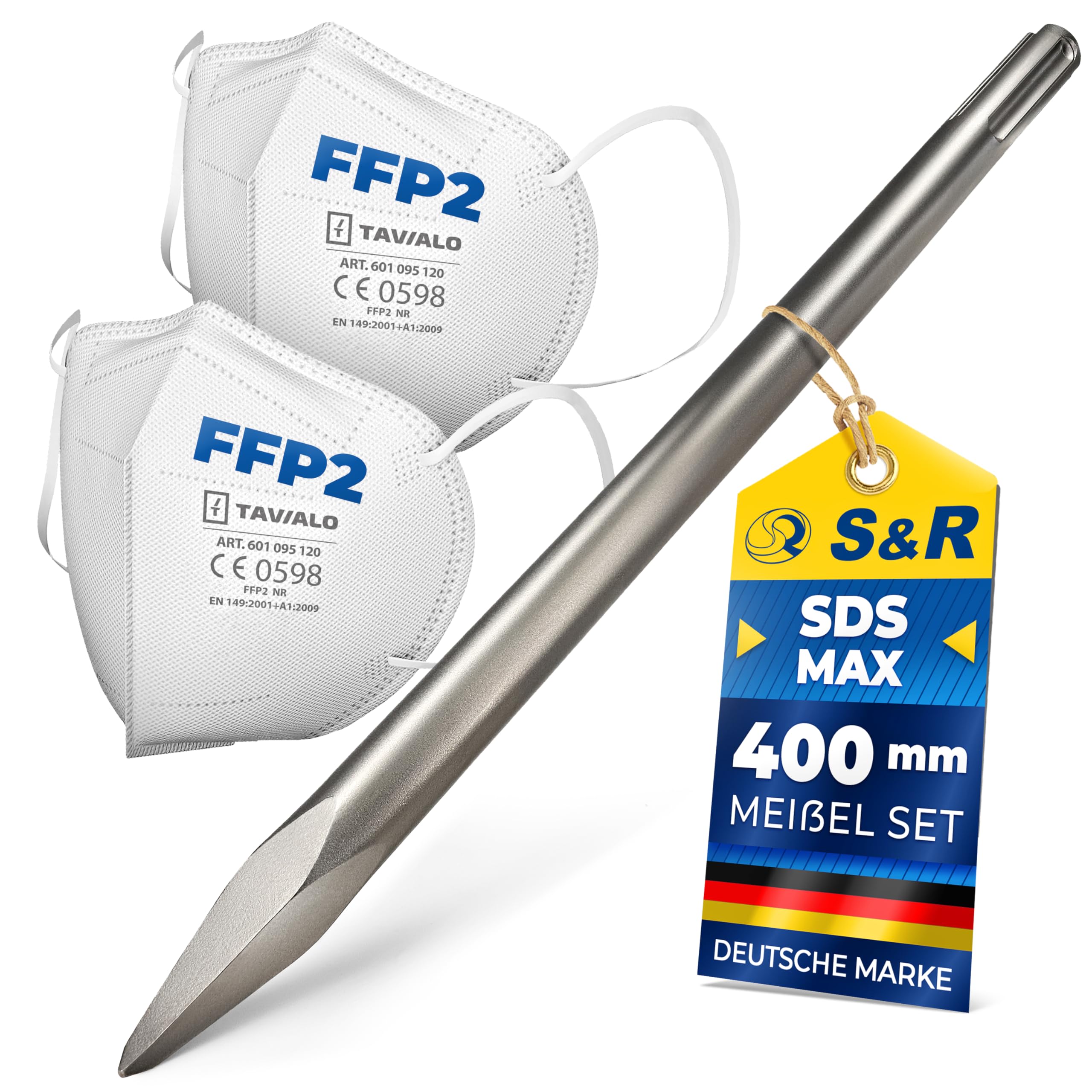 S&R Spitzmeißel SDS MAX 400mm Set, Spitz Meißel SDSMax mit 2 Staubschutzmasken, gehärteter Stahl, Meißel für Beton, Stein, Ziegel, Mauerwerk, kompatibel mit Bohrhammer von Bosch, Metabo, Hilti