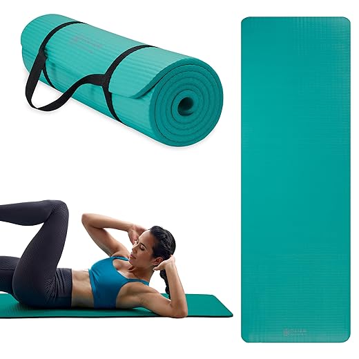 Gaiam Essentials Thick Yoga Mat Fitness & Exercise Mat With Easy-Cinch Carrier Strap, Teal, 72"L X 24"W X 2/5 Inch Thick