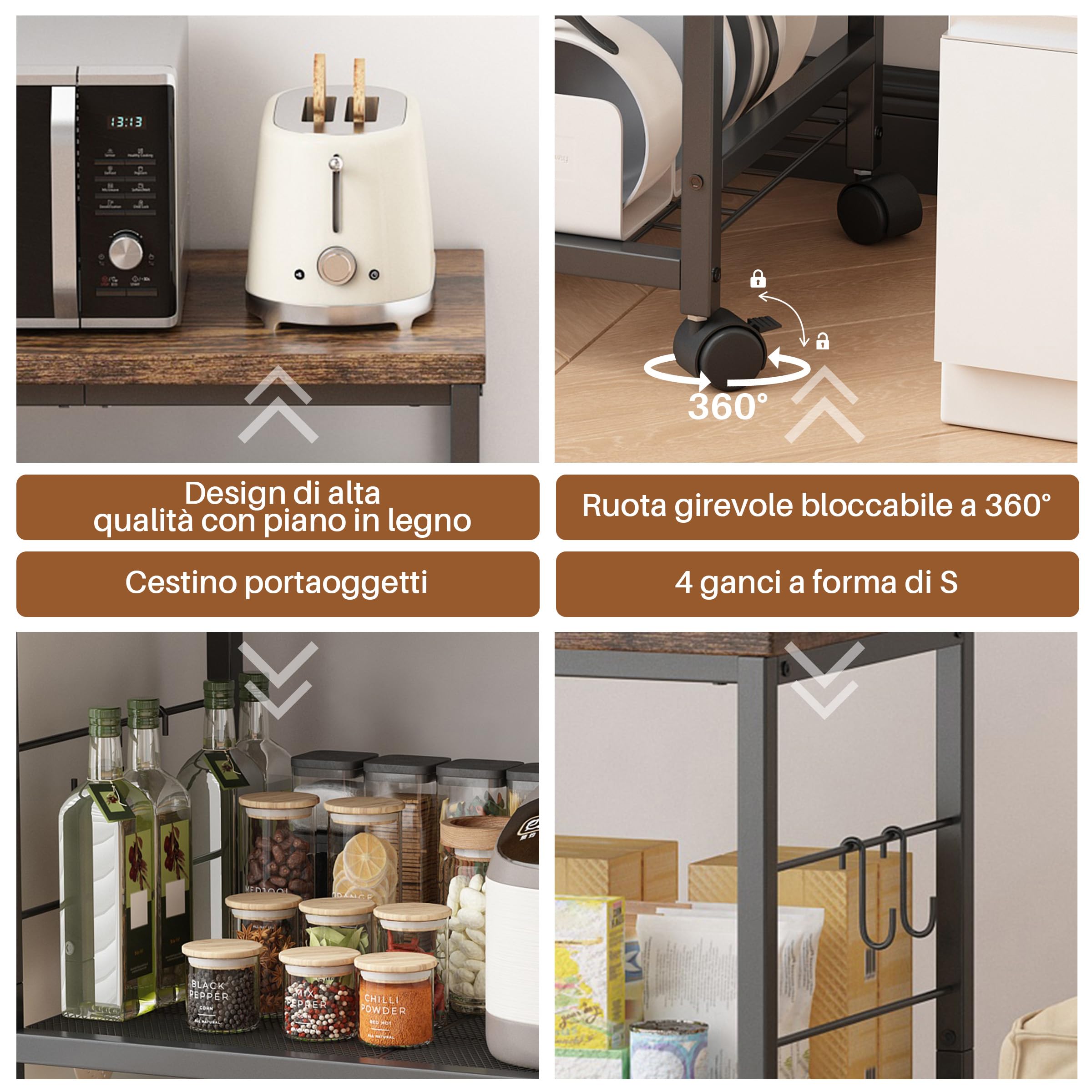 Carrello da Cucina con Microonde su Ruote,Tavolo per Microonde a 3 Ripiani con Spazio di Archiviazione,Piccolo Scaffale per Carrello da caffè per Organizzare Il Soggiorno O L'Ufficio.