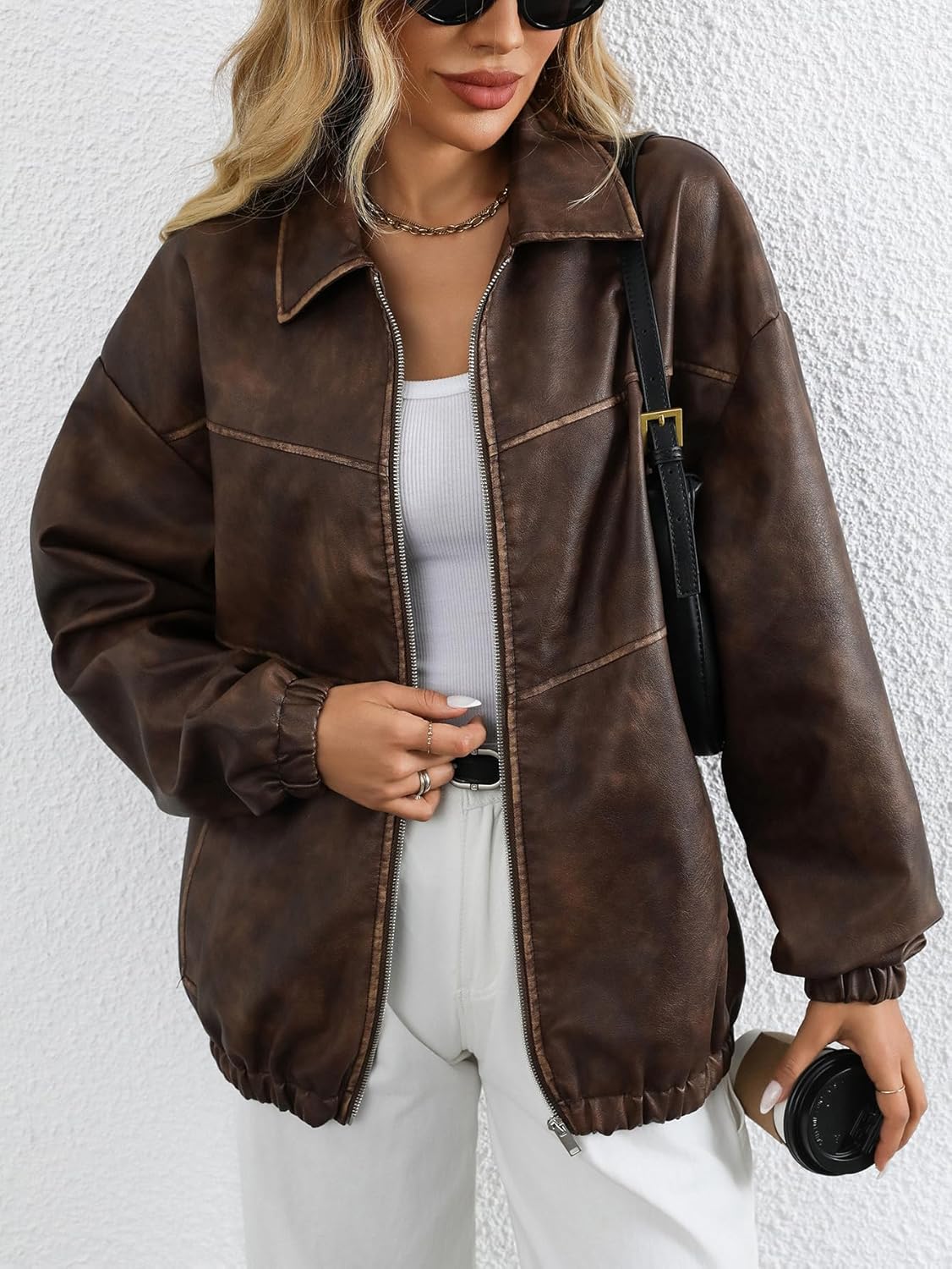 LY VAREY LIN Women Faux Leather Jacket Lapel Collar Motorcycle Zip Up Long Sleeve Motor Biker Short Coat Jacket - Image 4
