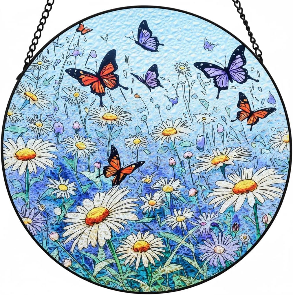 Butterfly Stained Glass Suncatcher,7.8in Butterfly Suncatcher for Window Hanging,Hand Chrysanthemum Suncatcher Window Decoration,Butterfly Home Decor for Indoor Window