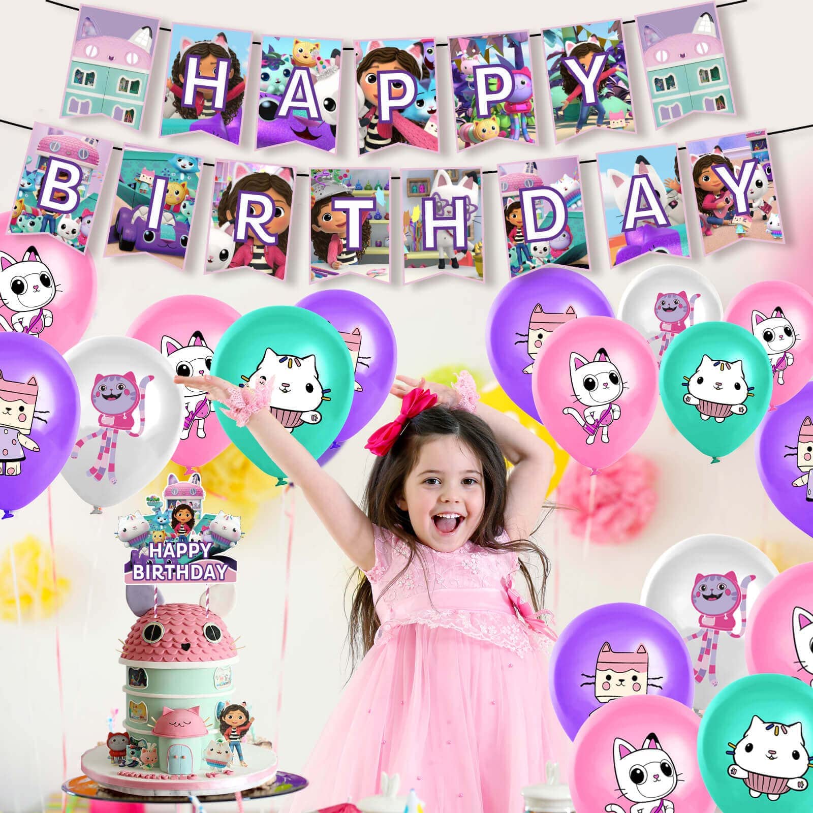 Gabbys Birthday Party Supplies Includes Gabby Cat Banner, Cake Topper
