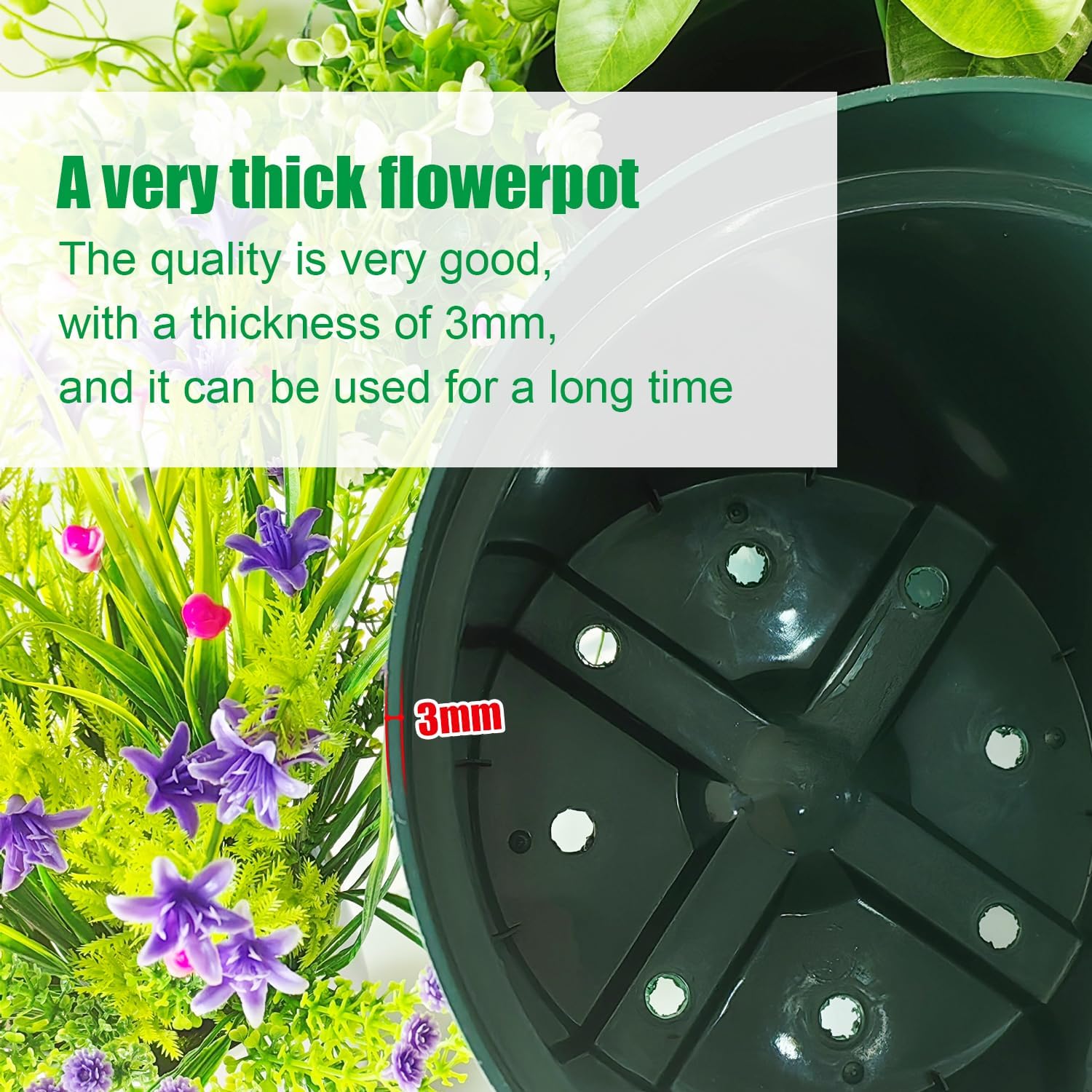 10 Pack Green Plastic Planter Pots, 10 Inch Thick with Multiple Drainage Holes, for Herbs, Strawberries, Flowers - Indoor/Outdoor
