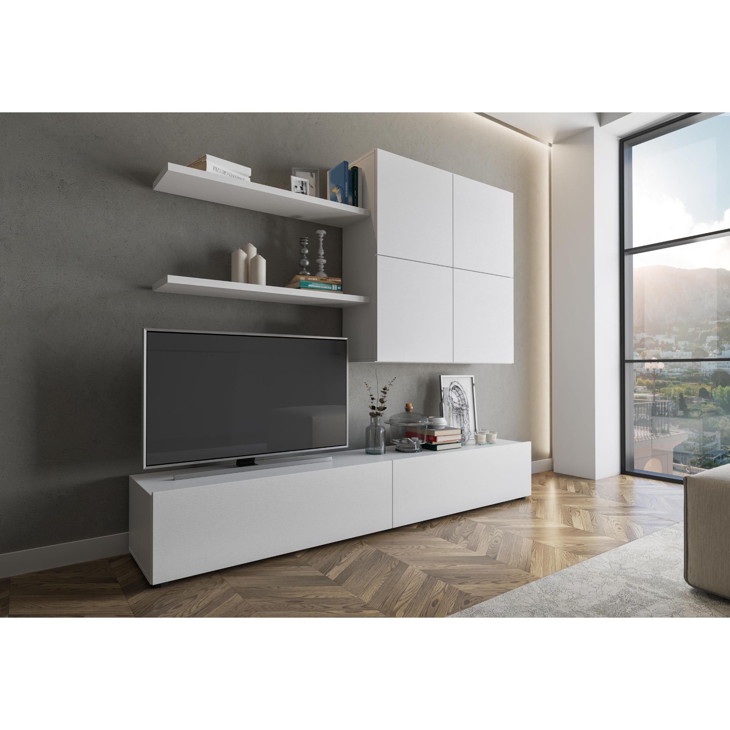 Arreditaly Parete Attrezzata Mobile Soggiorno Moderno Con Base TV 2 Ante Pensile 4 Ante e 2 Mensole Design Contemporaneo in Melaminico Facile da Pulire Bianco