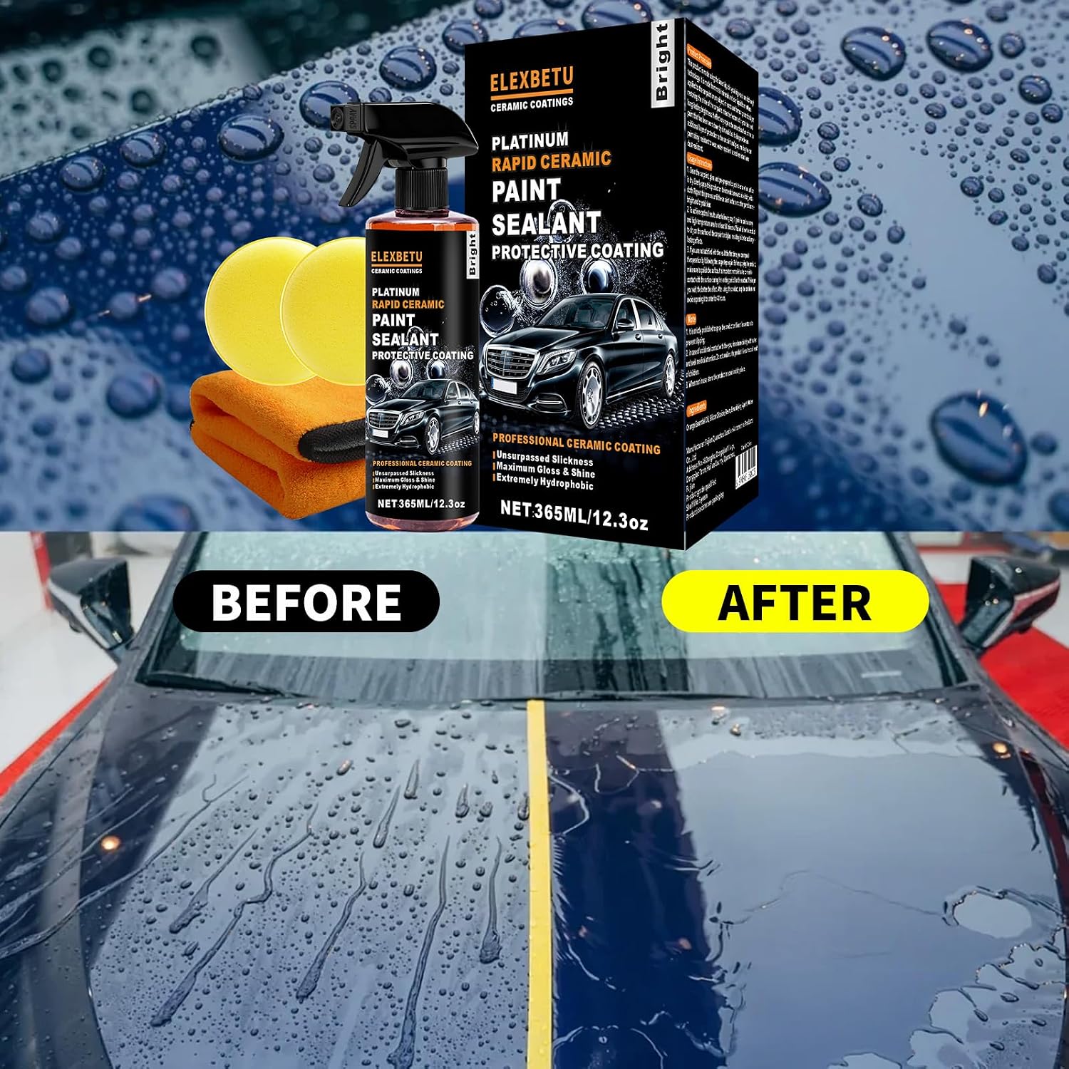 365MLCeramic Coating for Cars,Quick Effect Coating Agent for Motorcycles Trucks & RVs - Extreme Hydrophobic Water Beading & Deep Gloss Shine for Long-Lasting Protection Against UV Rays Dirt & Grim