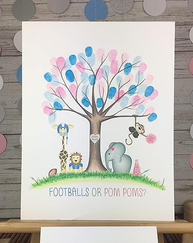 Miniatura 8 de Footballs or Pom Poms Gender Reveal Party Fingerprint Tree with Jungle Animals
