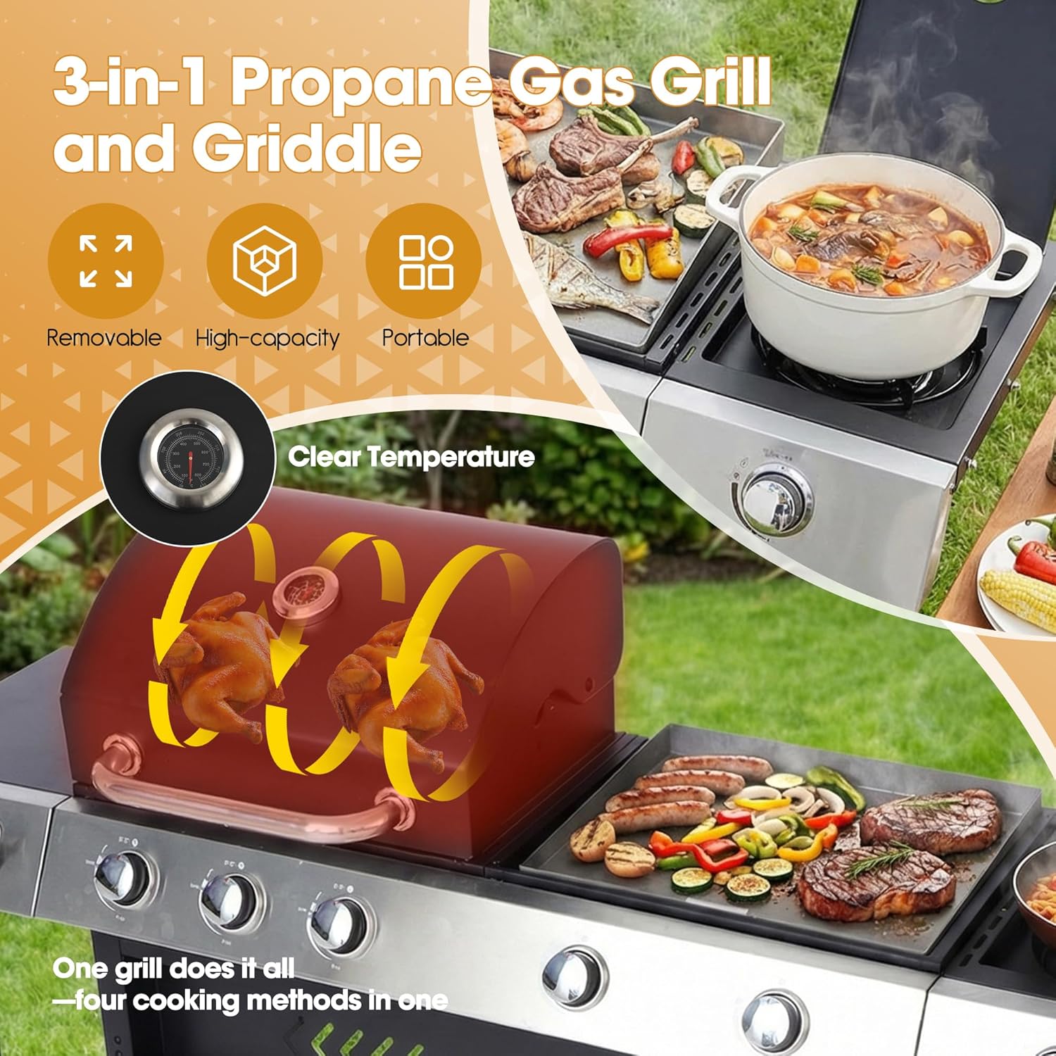 6-Burner Propane Gas Griddle Grill Combo with Side Burner, 3-in-1 Flat Top Portable Outdoor BBQ Grill w/Porcelain-Enameled Cast Iron Grates & Pan, Storage, Wheels for Patio, Backyard, Camping
