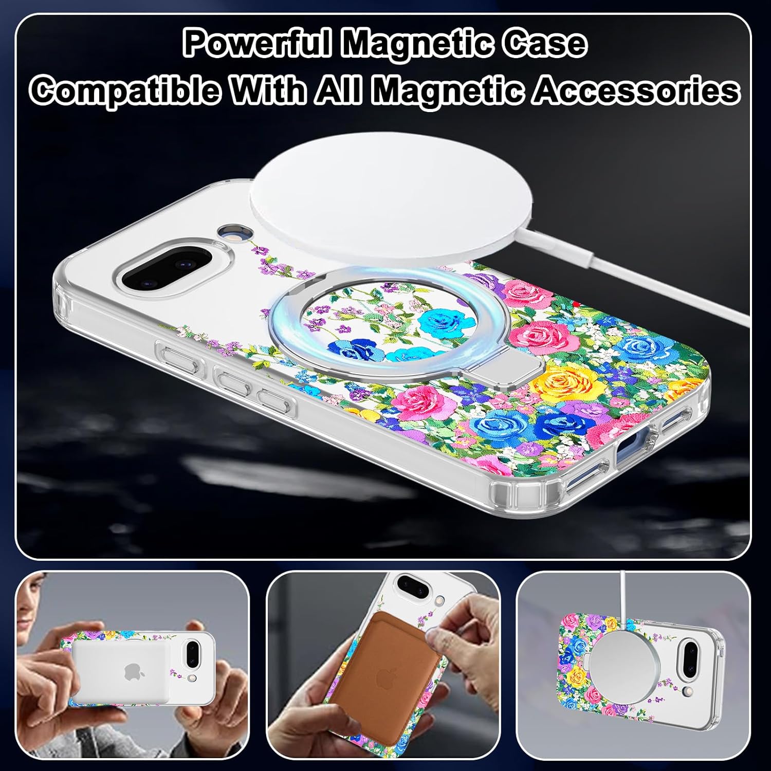 for Google Pixel 10a Case,[Compatible with MagSafe][Magnetic Invisible Ring Stand],Floral Shockproof Protective Slim Women Girl Case for Google Pixel 10A 6.3 inch,Colorful Rose