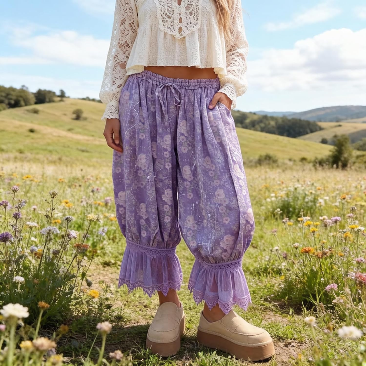 Women Lace Trim Bloomer Ruffle Elastic Waist Cropped Pettipants Pjs Bottoms