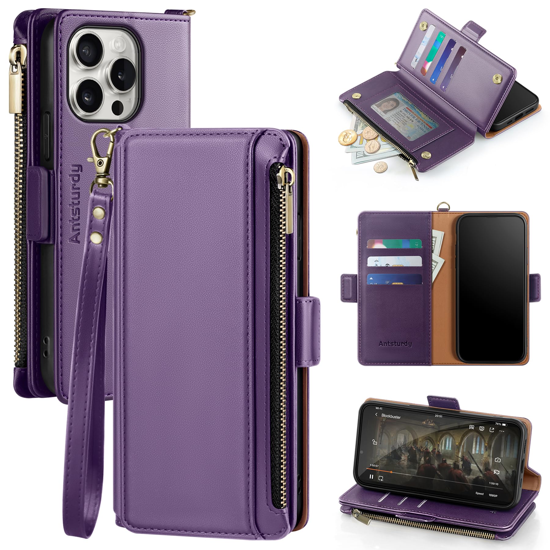 Antsturdy for iPhone 14 Pro Max Phone Wallet Case Women,Purple | RFID Blocking,with Credit Card Holder Slots,PU Leather Purse,Zipper Pocket,Wrist