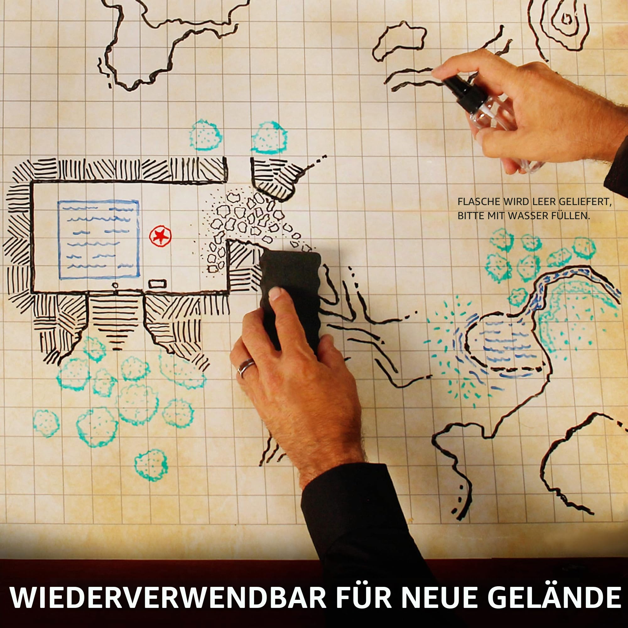 ENHANCE RPG-Gittermatte – Tisch-DND-Karte (61 x 91,4 cm), trocken abwischbare Rollenspielmatte, komplettes Gaming-Set, löschbare Kampfgitter-Spielmatte aus Pergament mit Reisetasche, Marker-Set