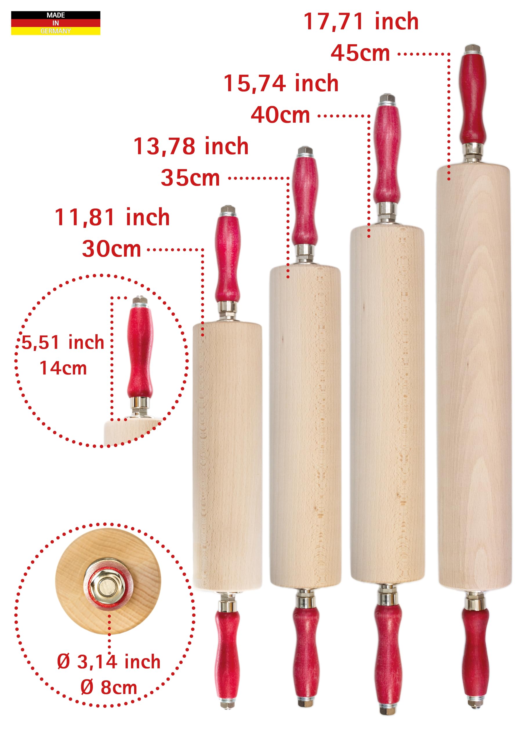 Nudelholz Profi Teigroller aus Buchenholz, Kugelgelagert (Teigrolle, Backrolle) (40cm)