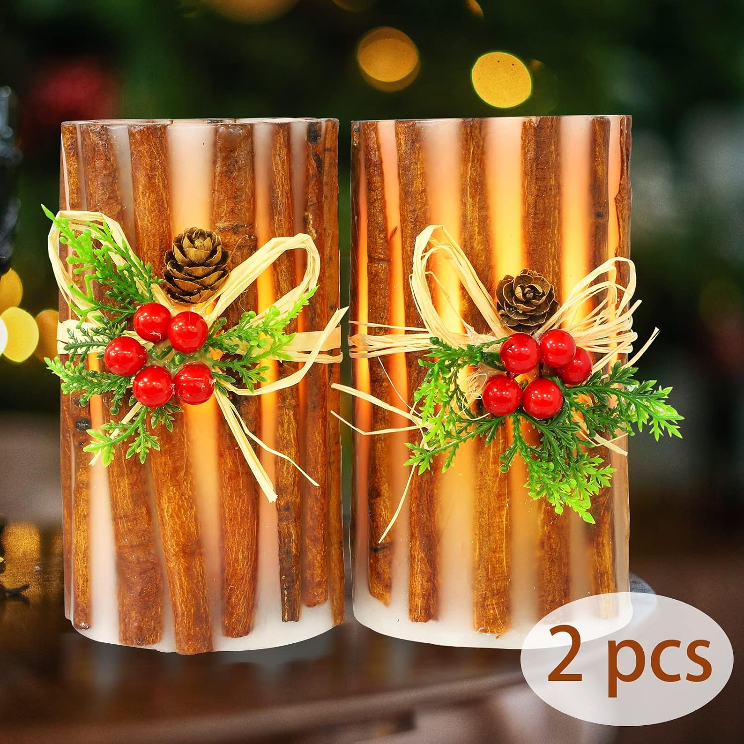 MELTONE Christmas Decorations Flameless Candles Embedded Cassia Bark LED Candles with Remote Real Wax Fake Candles for Home Party Holiday Xmas Decor
