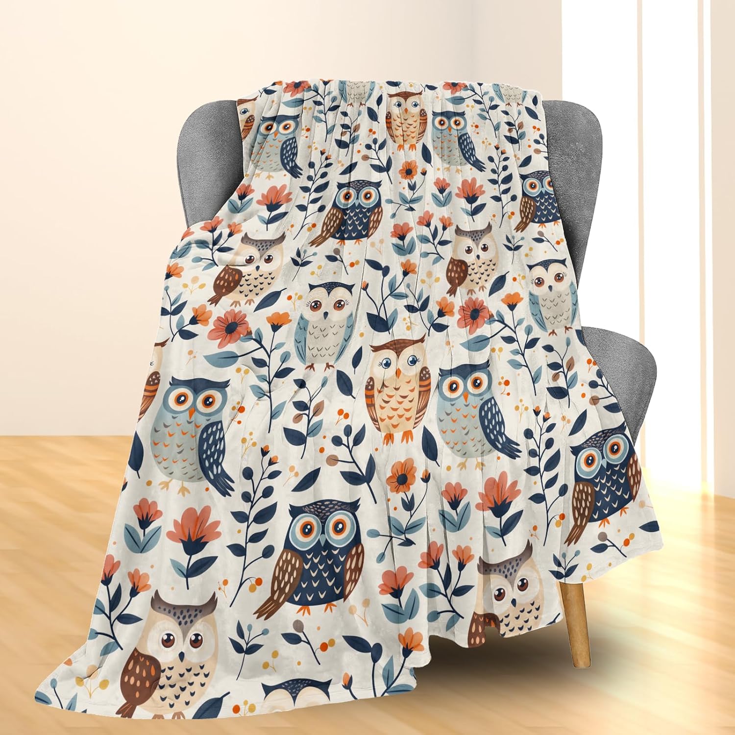 Cute Owl & Floral Blanket | Soft Warm Fuzzy Lightweight Flannel Throw Blanket Perfect for Couch, Bed, Decor, Travel & Outdoor Use, Cozy Blankets for Adults Kids Women Boys Girls 60×50 in