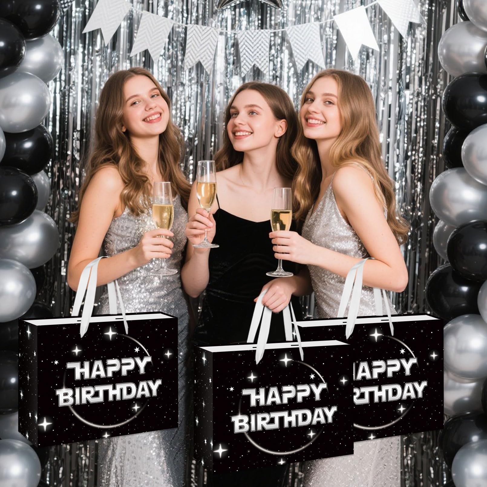 Anyangzhao Space Galaxy Birthday Gift Bag, Black Happy Birthday Gift Bag, with Greeting Card and Tissue Paper, Galaxy Party Favors Bag for Kids, Boys, Baby Shower, Star Theme Party Supplies