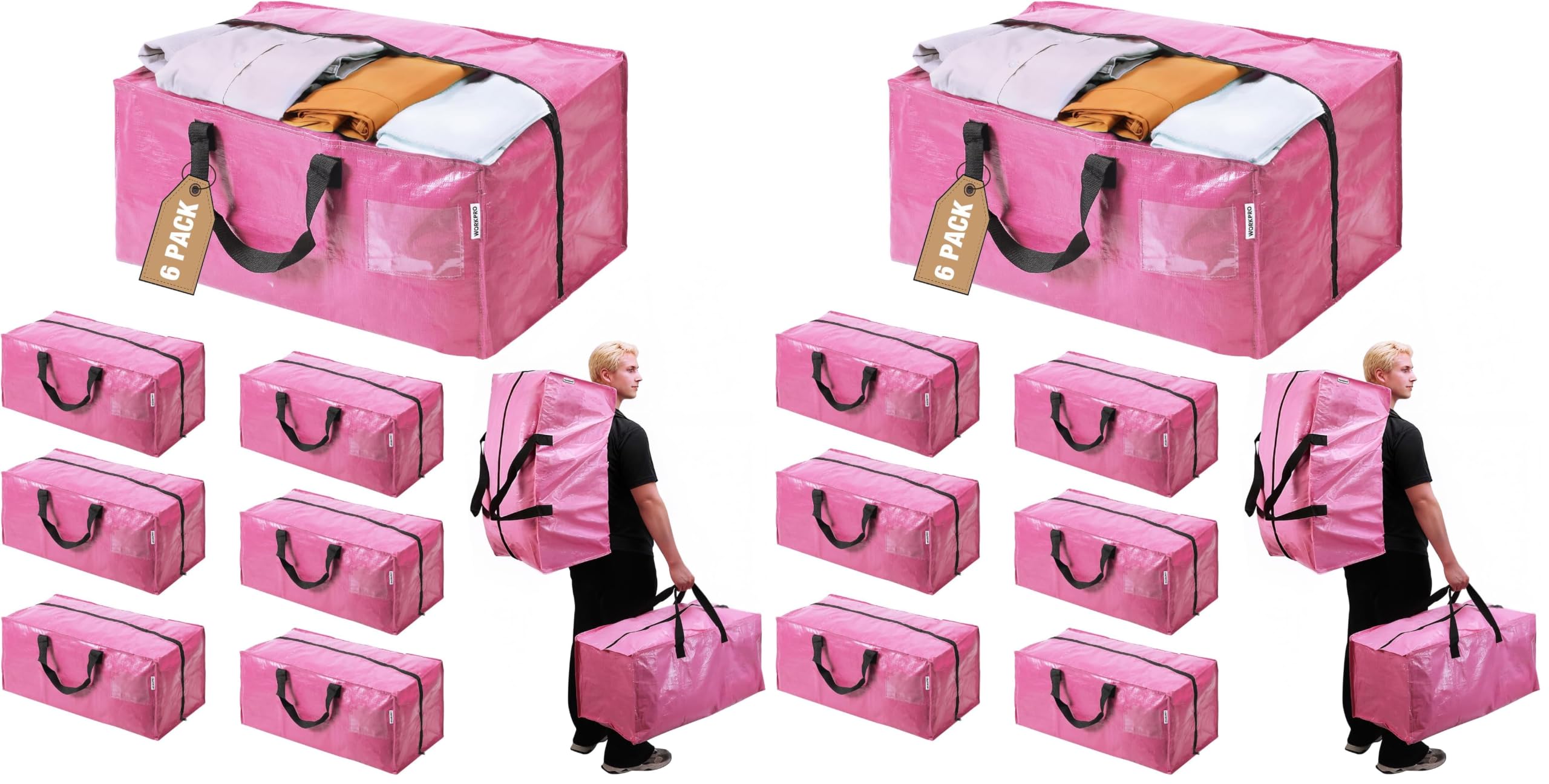 WORKPRO 12 Pack Extra Large Moving Bags with Zippers &amp; Carrying Handles Backpack Straps, Heavy-Duty Storage Tote for Space Saving Moving Storage (Pink)