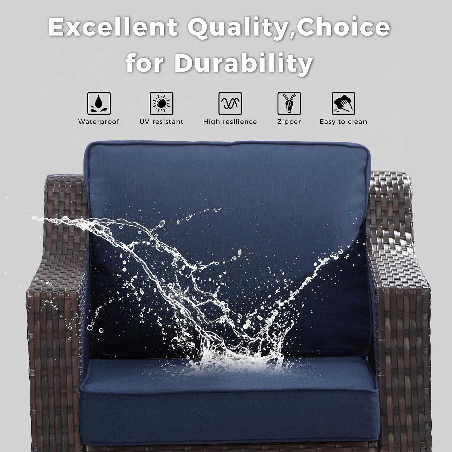 Patio 2 Pieces Wicker Swivel Chairs Set of 2，Outdoor PE Rattan Rocking Glider Armchairs, Water-Resistant Cushions with Removable and Washable Covers, Porch, Balcony, Sunroom (Navy Blue)