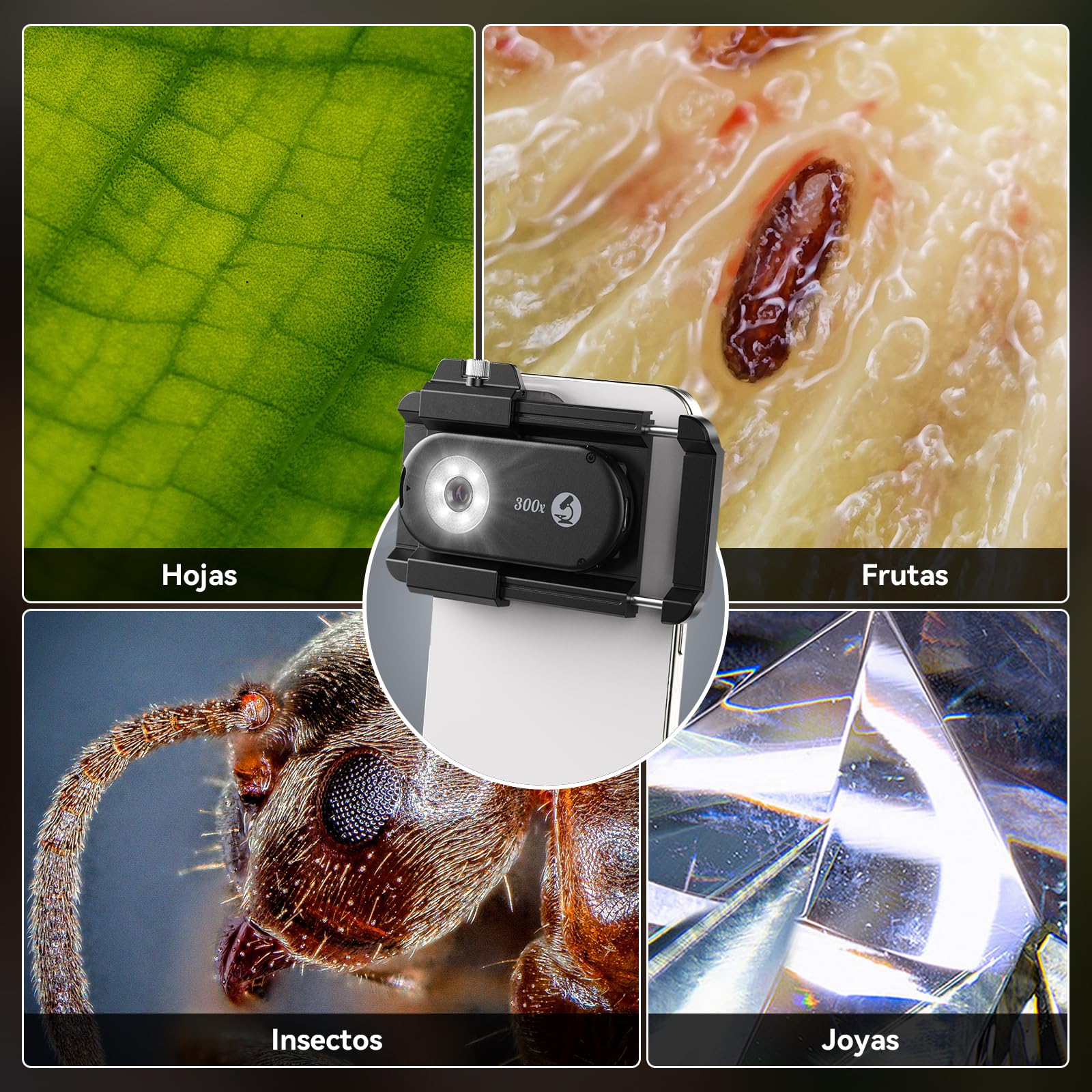 Evil Eye Microscopio 300X para Smartphone, Minimicroscopio Compacto con CPL, 18 Luces LED, 19 Modos de Iluminación & UV Luz, Microscopio Digital con Clip Universal, Ideal para iPhone/Android