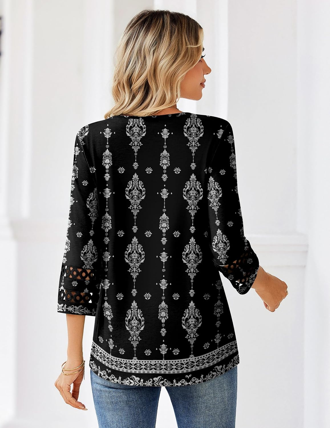 Zeagoo 3/4 Length Sleeve Womens Tops V Neck Dressy Casual Blouses Trendy Eyelet T Shirts Work Clothes S-XXL - Image 5