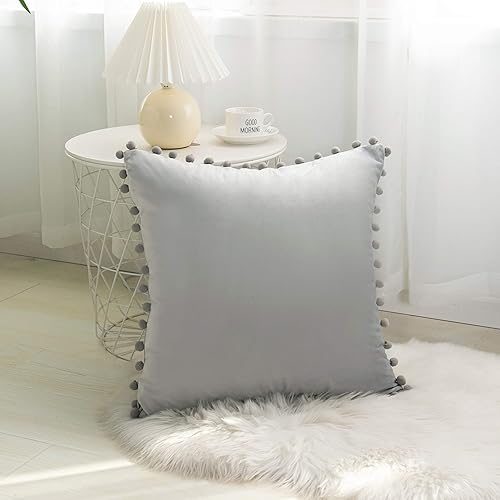 Miniatura 2 de Elegant Comfort POM-POM - Juego de 2 fundas de cojín de terciopelo con flecos, suaves, lisas, decorativas, cuadradas, para sofá, cama, sala de