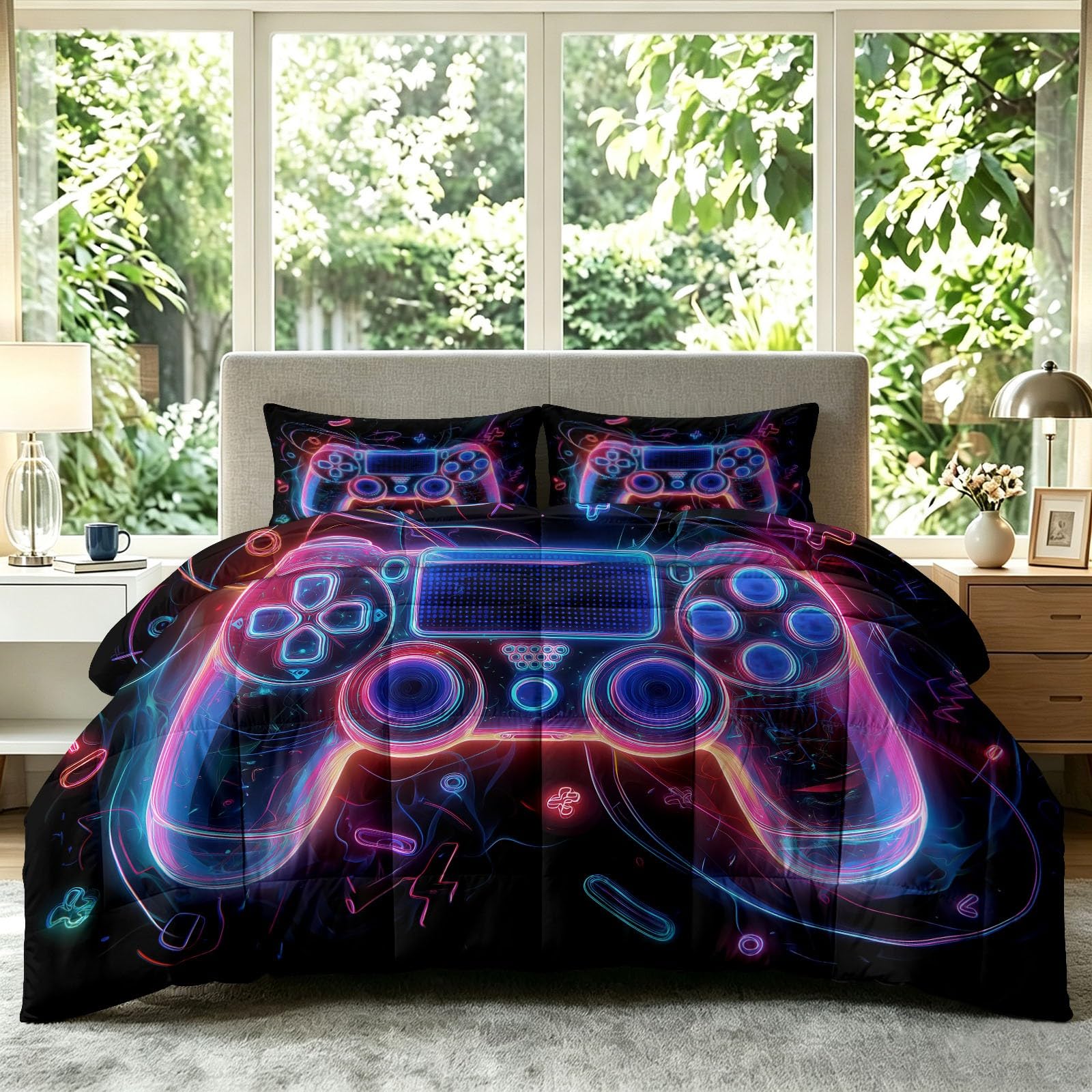 Edredón sin funda 240 x 220 cm - E Sports Gaming - Manta para todo el año, diseño de mando de videojuegos luminoso, 3 piezas, para alérgicos, 4 estaciones, edredón + 2 fundas de almohada de 80 x 80 cm