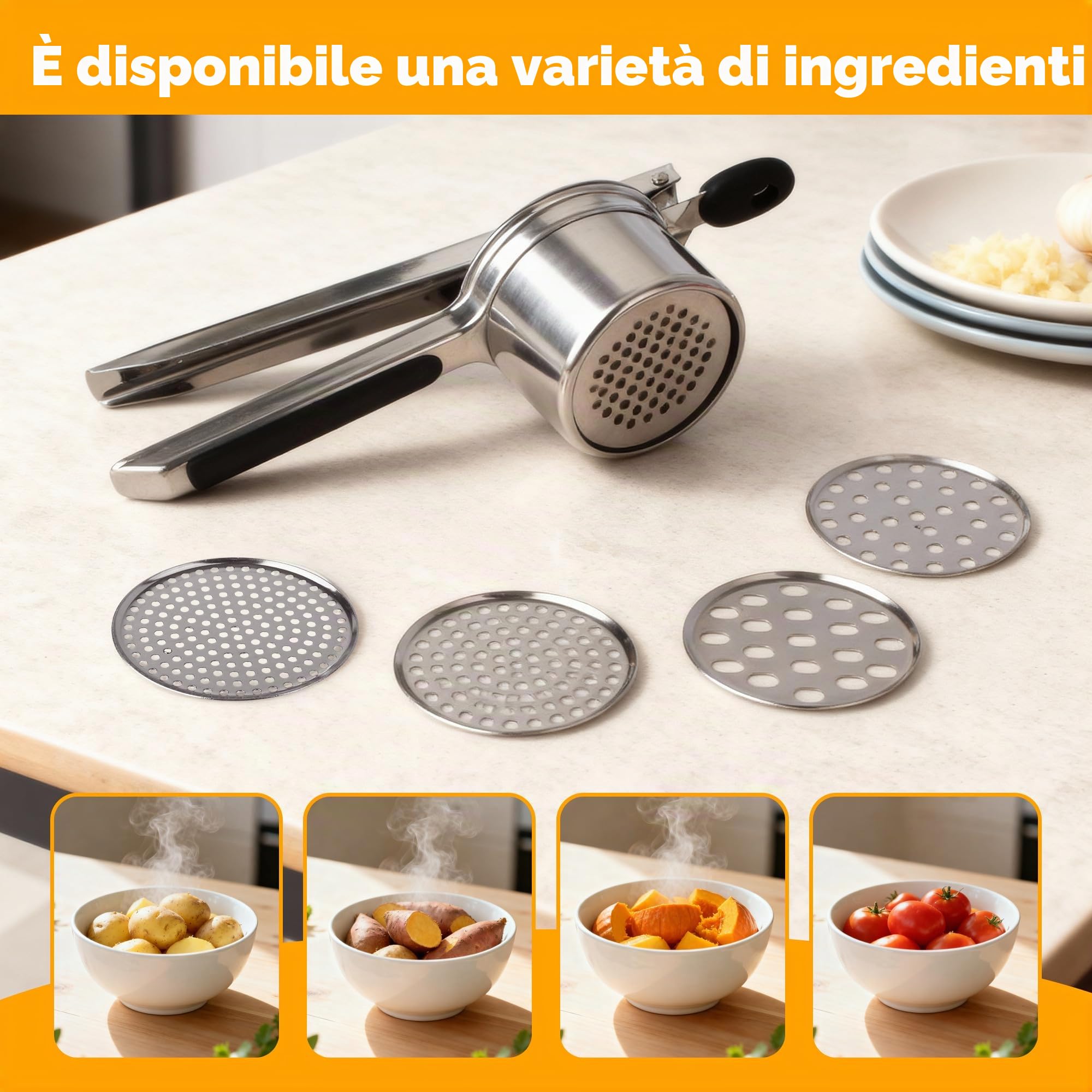 Schiacciapatate con 4 Setacci intercambiabili,Schiacciapatate Acciaio Inox,Pressa per Patate,Acciaio Inox per Purè di Patate, Frutta, Verdure, Bébé, Limone