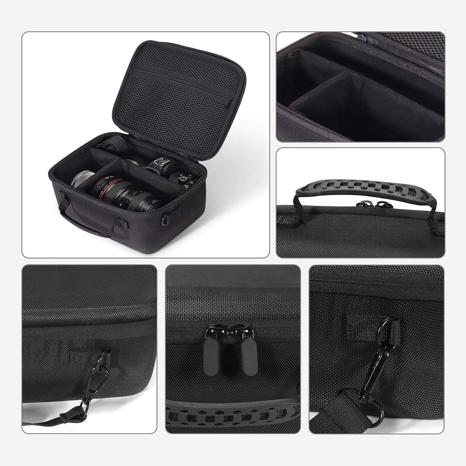 Universal camera case hard waterproof shell EVA interior lined shock-absorbent with dividers and shoulder strap Internal dimensions 8.4 x 5.7 x 3.5" for Canon/Sony/Nikon/Fujifilm mirrorless cameras