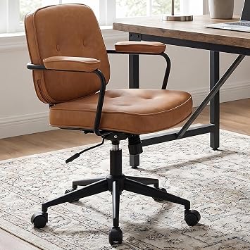 LukeAlon Adjustable Pu Leather Office Chair, Comfy 360 Swivel Task Chair with Armrest Modern Thickened Seat Desk Chair Tiltable Computer Chair with Button Tufted for Home Office, Light Brown