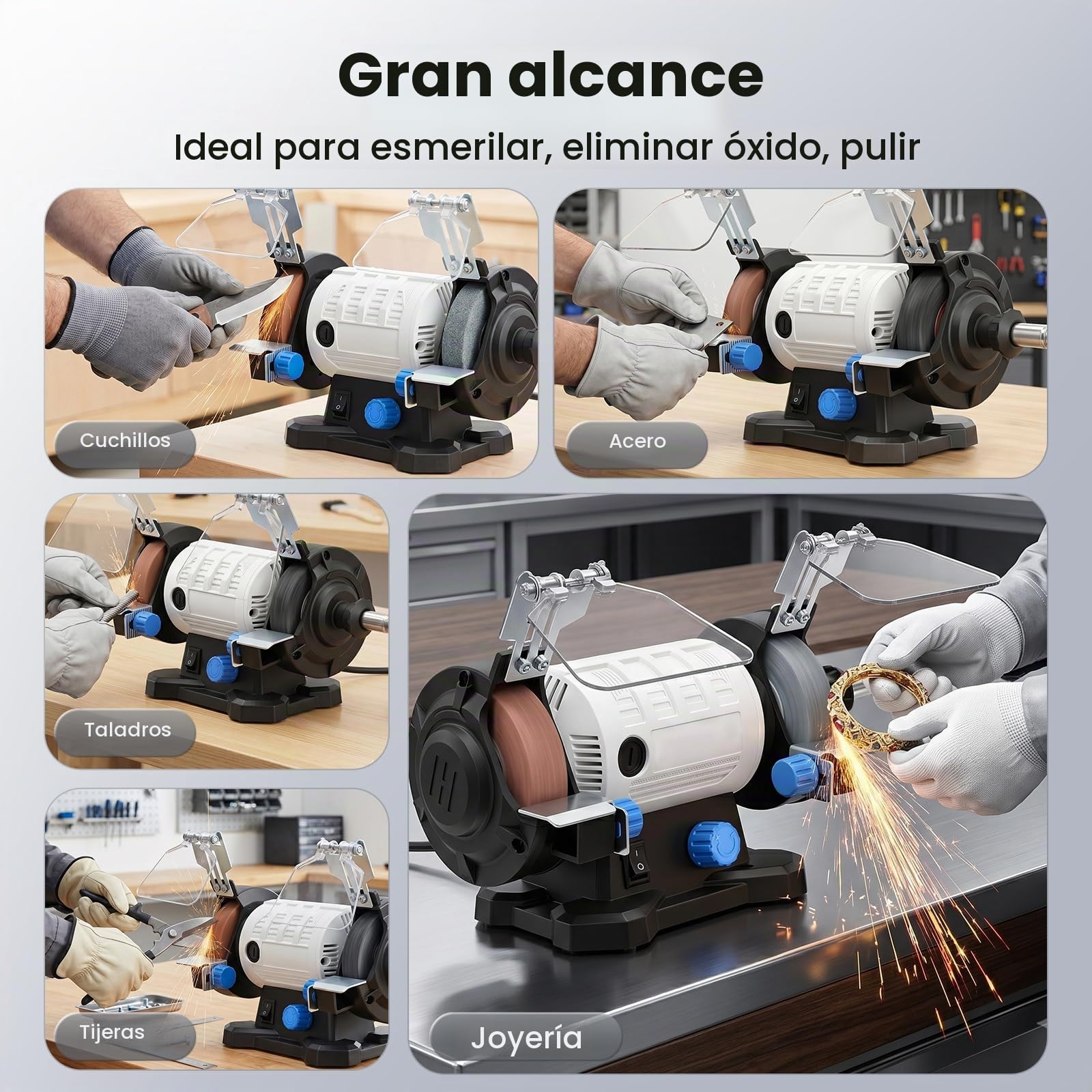 Yofuly Mini Amoladora de Banco 120W con Velocidad Variable, Esmeriladora Doble 11500 RPM, Disco de Pulido y Rectificado de 75 mm, para Metal, Madera, Joyería y Afilado