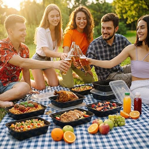 Miniatura 8 de TIYA - Contenedores de comida a granel de 12 onzas, paquete de 150 con tapas, recipientes rectangulares de plástico para llevar, reutilizables,