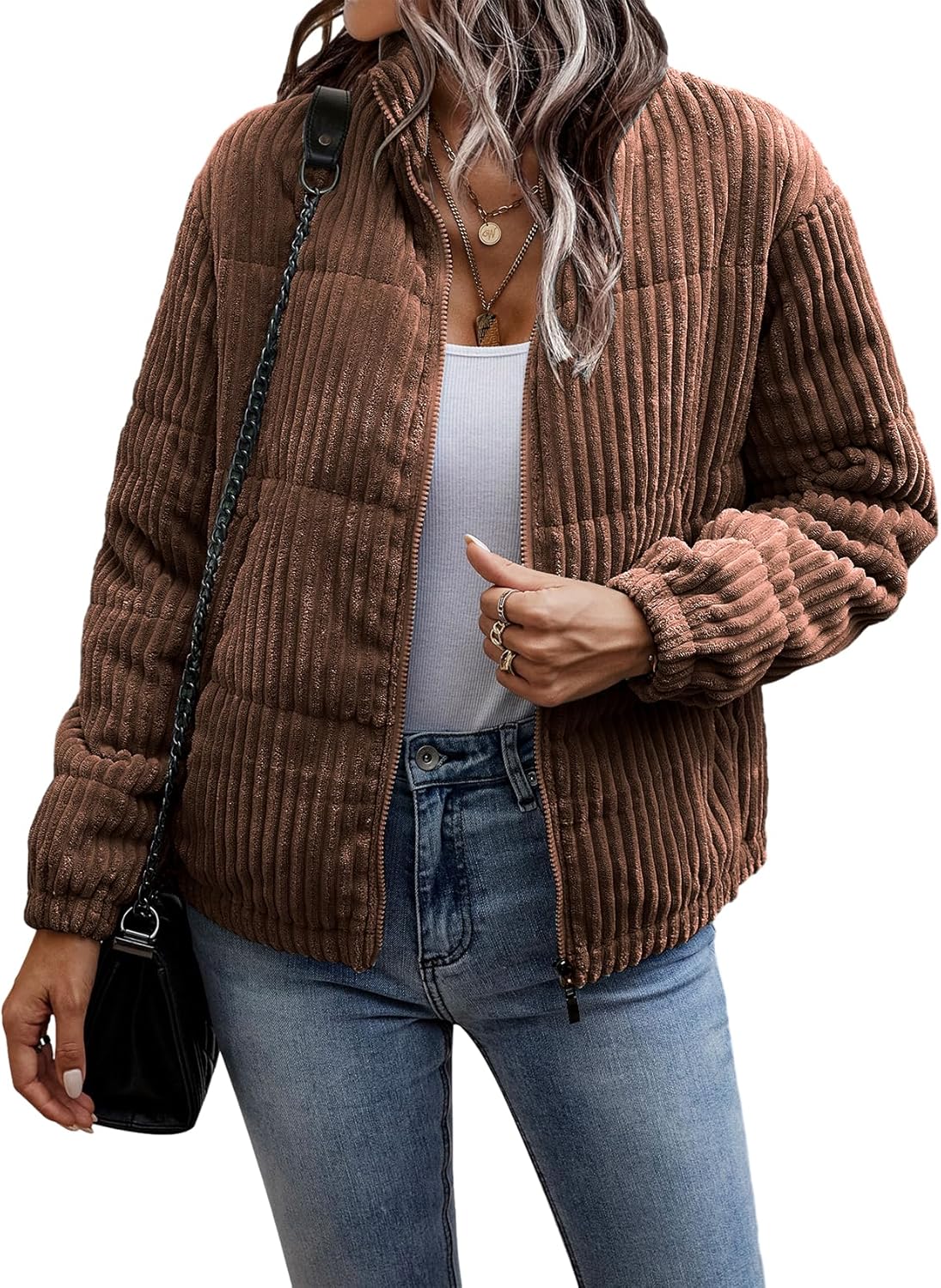 Flygo Corduroy Puffer Jacket Women Quilted Jackets Lightweight Baggy Zip Spring Fall Jackets Coats 2024