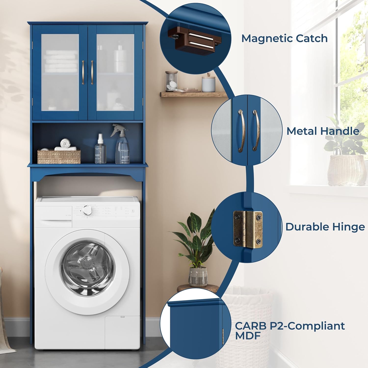 Yaheetech Over The Toilet Storage Cabinet, Free Standing Toilet Rack with Adjustable Shelves and Tempered Glass Doors for Bathroom Washroom, Navy Blue
