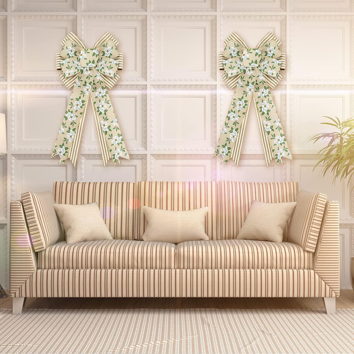 Whaline 2 Pack Spring Flower Wreath Bow Magnolia Floral Rustic Burlap Wired Edge Bow 11 x 21 Inch Large Spring Summer Farmhouse Wreath Bows Decor for Indoor Outdoor Wall Home Party Decoration