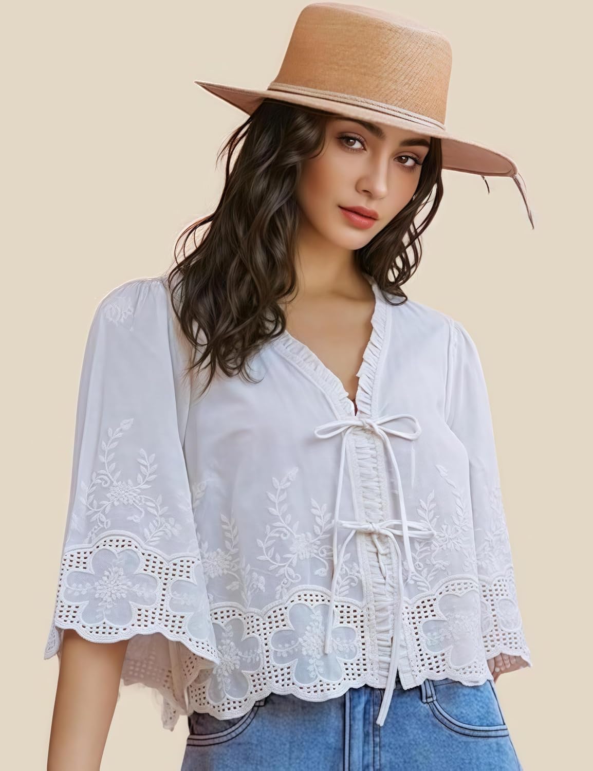 Esmeling Women’s Floral Embroidery Short Sleeves Shirt V Neck Summer Scallop Edge Bow Tie Front Blouse