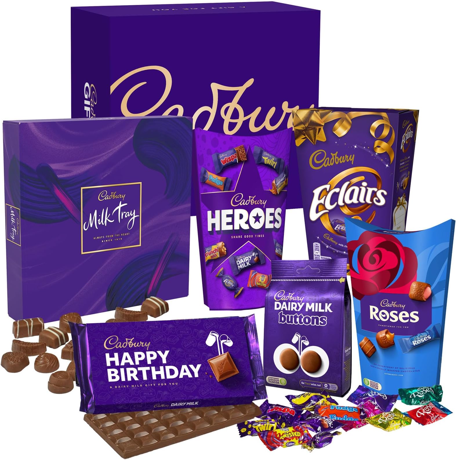 "Happy Birthday" Chocolate Sharing Hamper - Milk Tray, Roses, Heroes, Dairy Milk Buttons. Gift for Birthday, Father's Day, Mother's Day, Thank you