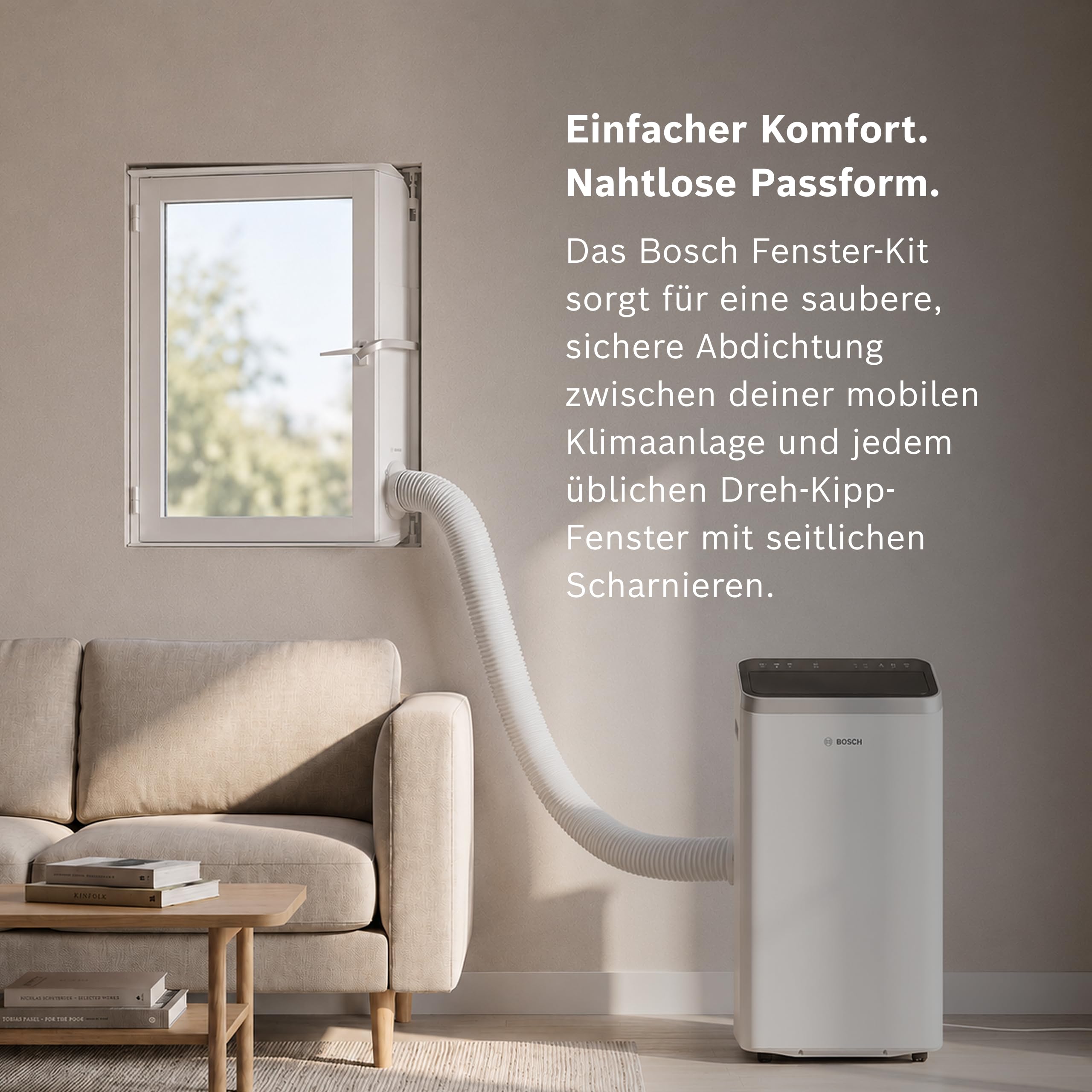 Bosch Fenster-Kit für Mobile Klimageräte - Für Dreh-Kipp-Fenster, Größenverstellbar 90-137 cm, Werkzeuglose Montage, Adapter für 15 cm Abluftschlauch, Inklusive Zubehör und Aufbewahrungstasche