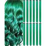 Olldag 12 PCS Dark Green Clip-In Straight Hair Extensions, 22 Inch Colored Party Synthetic Neon Highlights, Rainbow Hair Accessories for Girls Women Kids