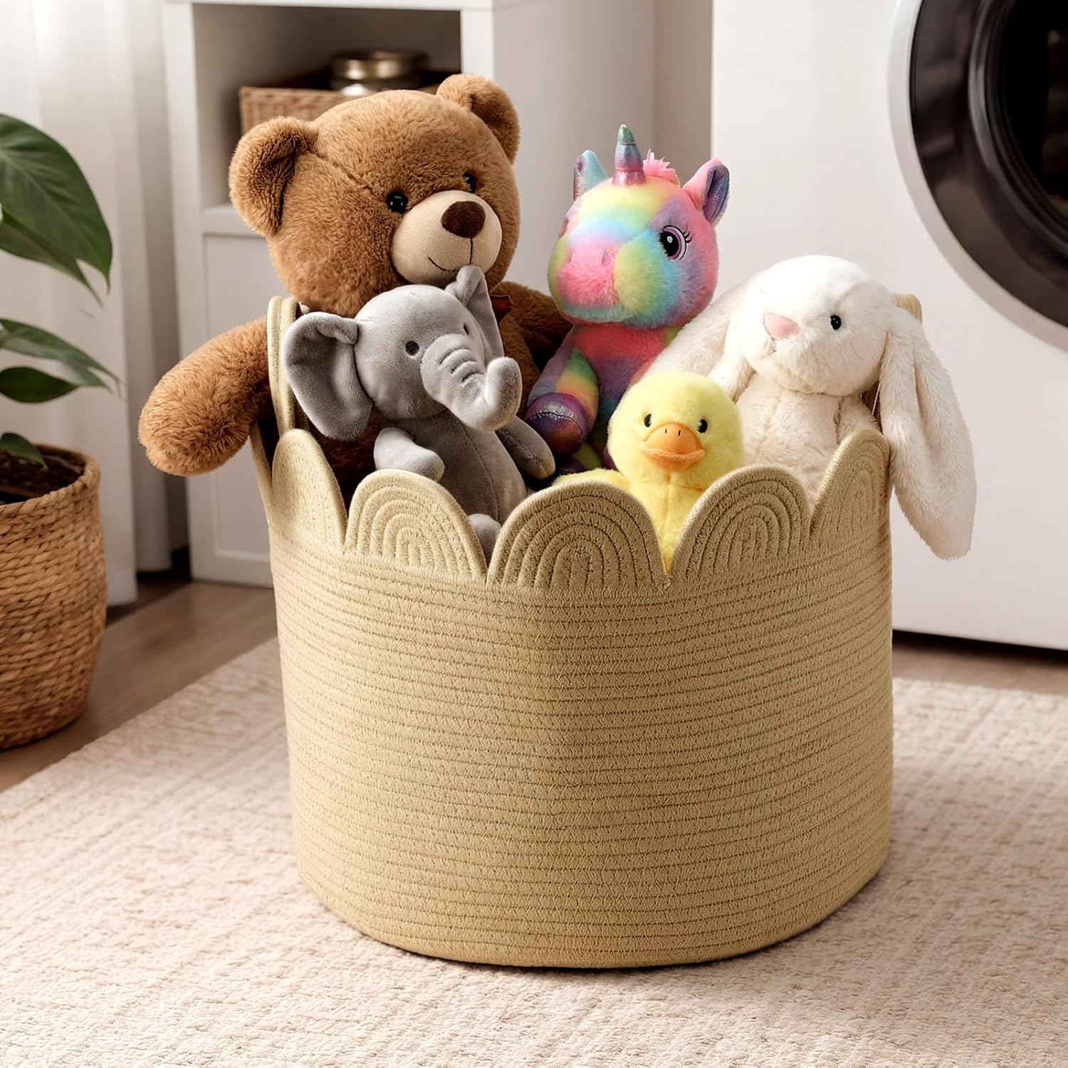 LemonRoad Brown Rope Basket Scalloped Woven Baskets 15.8"L x 15.8"w X13.8"h Cotton Storage Round Basket for Nursery Classroom Closet Blankets Storage Home Decor