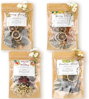 4 Set Christmas Potpourri Bags Stovetop Simmering Potpourri Instruction and Sticker Floral Fruity Cinnamon Natural Air Freshener Sachet for Home Xmas Party Craft DIY Gift Housewarming Hostess