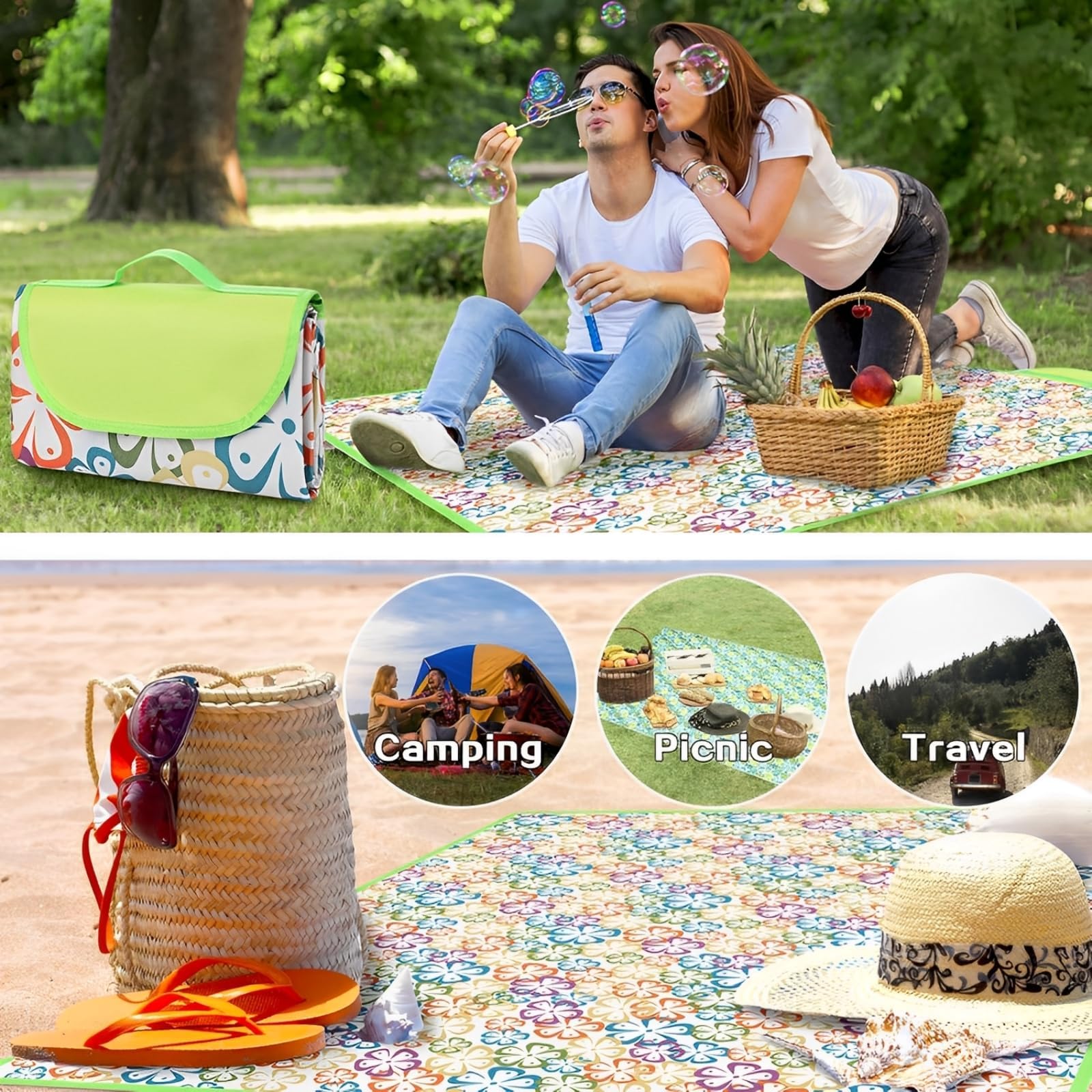 Coperta Picnic Impermeabile 150x200cm Pieghevole Tappetino Campeggio Spiaggia Parco Multicolore