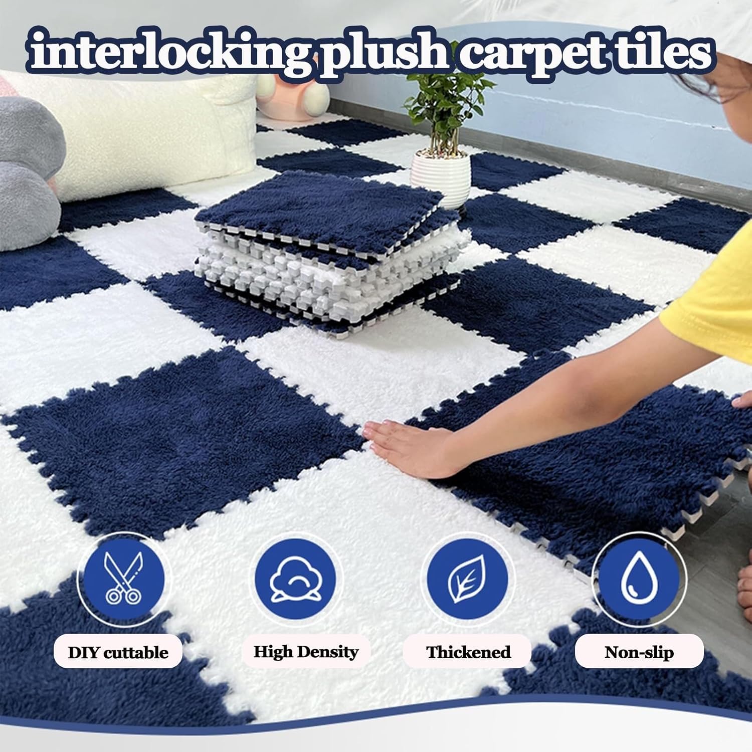 30pcs Plush Foam Interlocking Carpet Tiles, 30x30x1cm Carpet Puzzle Mats for Floor, Thick 0.4" Fluffy Eva Protection Floor Mats(Pink+Black)