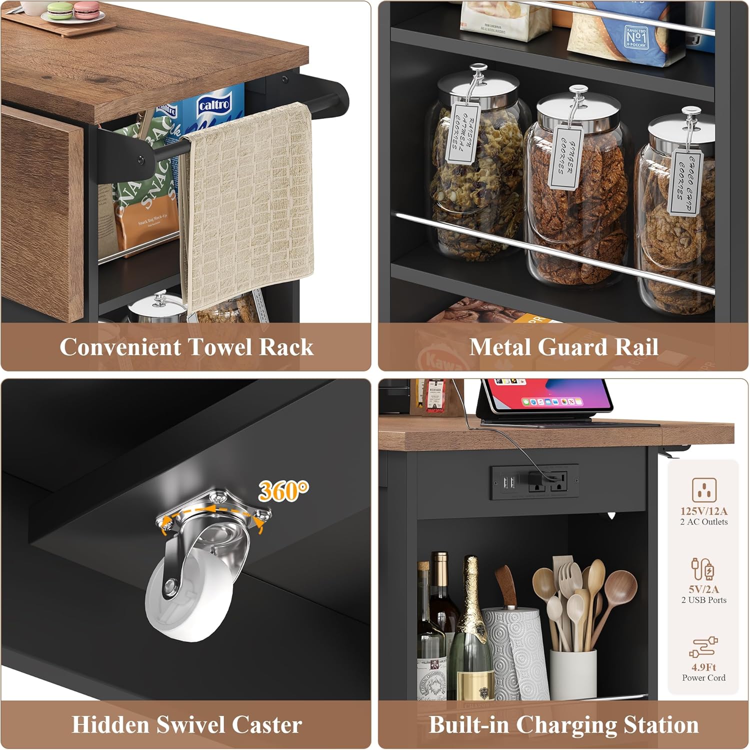 Keyluv Kitchen Storage Island with 2 Stools, 51” Mobile Kitchen Cart with Drop Leaf & Power Outlet, Rolling Island Table Dining Room Buffet with 2 Drawers & Side Storage Rack &Towel Rack, Black